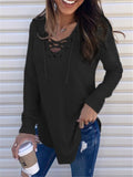 Women's Casual Solid Color Lace-up Neck Long Sleeve Tops