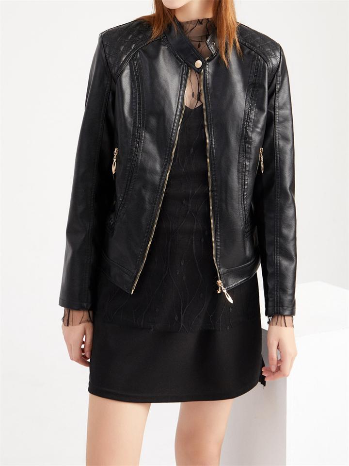 Women's Casual PU Leather Stand Collar Jacket Coat
