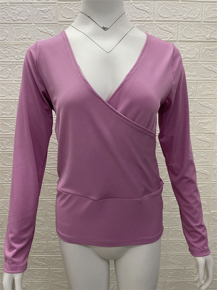 Women's Trendy Knitted V-Neck Long-Sleeved Solid Color Top
