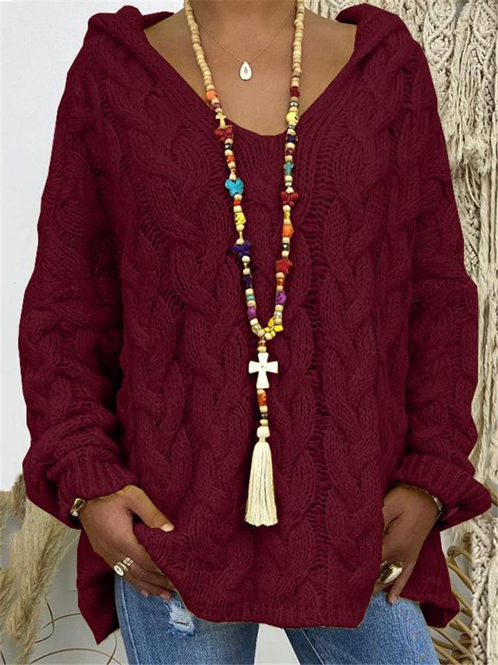 Loose Comfy Cable Knit Pullover Hooded Sweater for Women