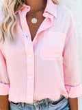 Casual Fit Solid Color Button Up Lapel Collar Long Sleeve Blouse