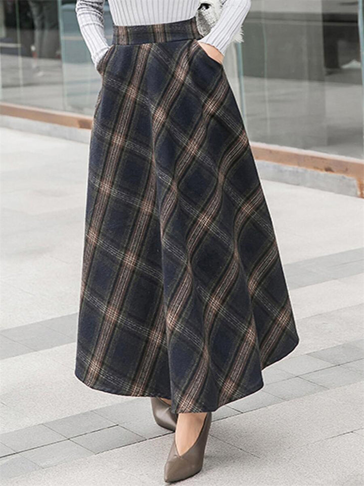 Women's Warm Thick High-waisted A-line Woolen Plaid Skirt