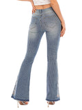 Women's Fashion 3D White Floral Embroidery Bell Bottom Striped Jeans