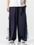 Linen Cotton Elastic Waistband Drawstring Pleated Detailing Crane Print Full Length Pants