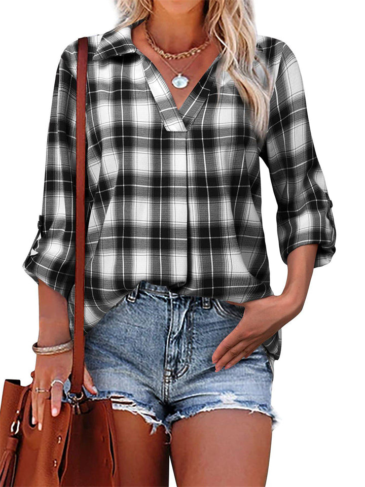 Classic Plaid V Neck Roll-up Long Sleeve Relaxed Shirts for Women