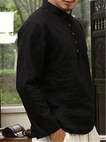 Mens Loose Comfy Soft Linen Button Solid Color Long Sleeve T-Shirts