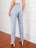 Campus Style Lovely Small Floral Embroidery Slim Fit Light Blue Denim Jeans for Women