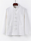 Retro Style Linen 2-Piece Outfit Button Collar Shirt + Full-Length Elastic Waistband Pants