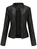 Women's PU Leather Stand Collar Slim Jacket