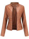 Women's PU Leather Stand Collar Slim Jacket