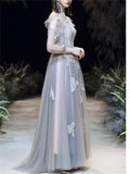 Flattering Applique Long Sleeve Backless Tulle Dress for Prom