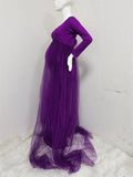 Flowy V Neck Long Sleeve Front Ruched Design Stretchy Tulle Maternity Evening Gown