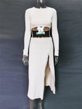 2-Piece Charming Round Neck Solid Color Sweater Loose Slit Hem Button Sweater Skirt