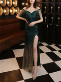 Shimmering Sequined Illusion Neck Side Slit Maxi Dress for Formal Party