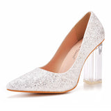 Elegant Ladies Pointed Toe Glitter Sequins Crystal Heels Wedding Pumps