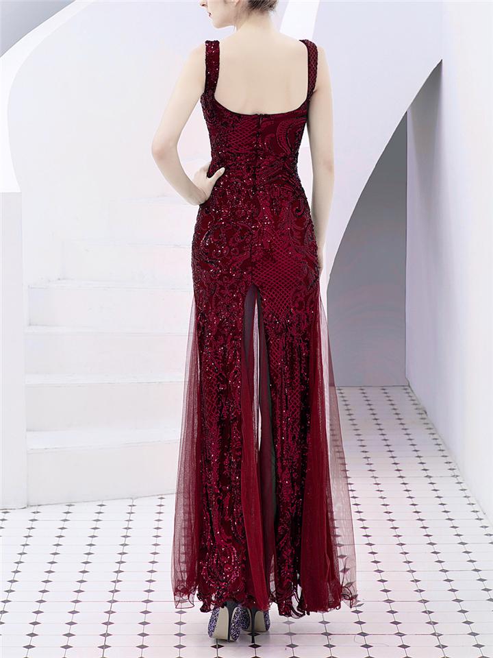 Stunning Sequined High Slit Formal Tulle Dress for Dinner