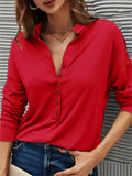 Women's Spring V Neck Button Design Pullover Slim Fit Blouses