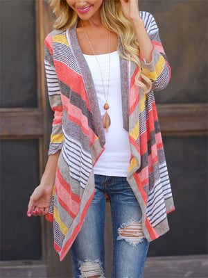 Spring Asymmetric Stripe Contrast Color 3/4 Sleeve Cardigan Women Blouses