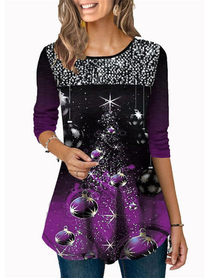 Casual Fit Christmas Themed Sequined 3/4 Sleeve Round Neck Shirt