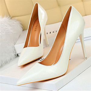 New Elegant Patent Leather Concise Pointed Toe Office Sexy Nude Pumps
