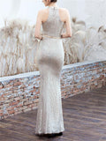 Shiny Sequined Halter Neck Maxi Mermaid Dress for Evening