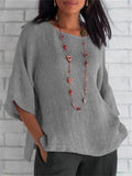 Women's Summer Comfy Cotton Linen Crew Neck 3/4 Sleeve Shirts