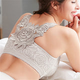 Rose Embroidery Back Front Closure Lace Bras - Khaki