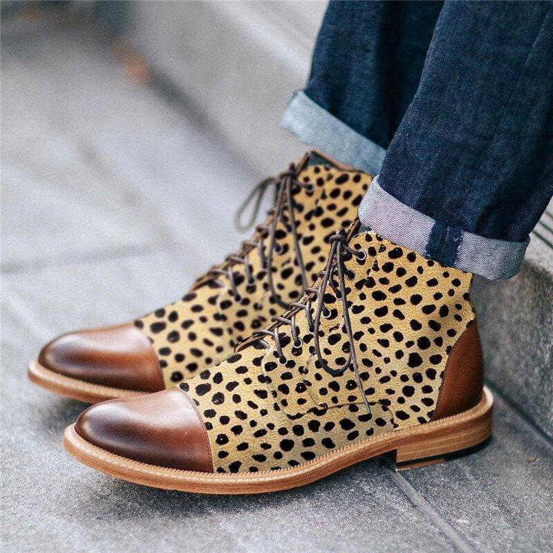 Stylish Texture Printed Hit Color Laced Mens Boots