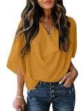 Feminine Flowy Style Cowl Neck Half Sleeve Lightweight Chiffon Pullover Tops
