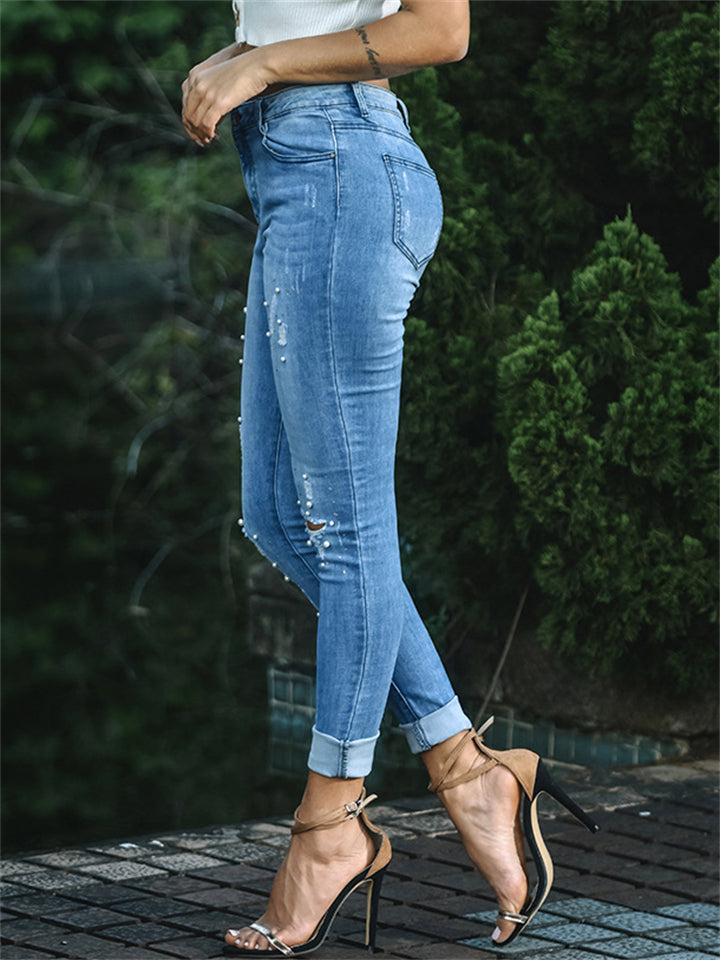 Women's Sweet Style White Pearl Slim Fit Ripped Blue Jeans