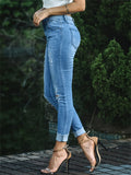 Women's Sweet Style White Pearl Slim Fit Ripped Blue Jeans