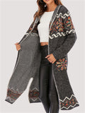Retro Hooded Geometric Pattern Boho Style Women's Long Knitted Cardigan