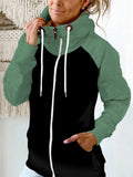 Fashion Colorblock Zip Up Drawstring Sweatshirt For Women