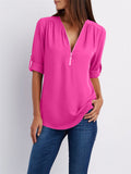 V-neck Zipper Loose Chiffon Blouses