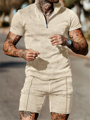 Men's Vertical Stripe Short Sleeve Pullover Loose Sets for Holiday