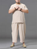 Loose Fit Linen 2-Piece Round Neck Button T-Shirt + Drawstring Cropped Pants