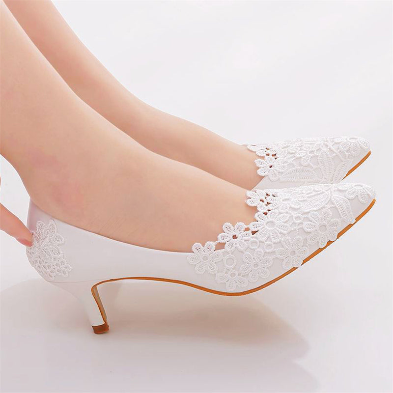 Elegant Womens White Lace Floral Mid Heels Wedding Pumps