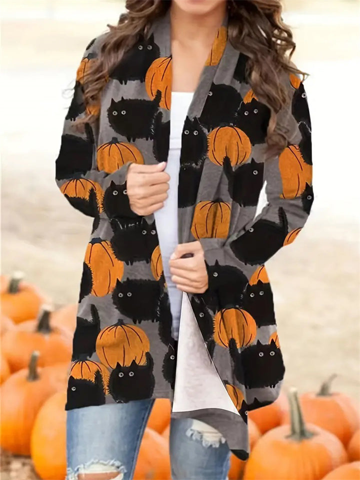 Women's Pumpkin Ghost Cat Printed Open Front Halloween Blouses