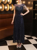 Elegant Sequined Illusion Neck Beaded Evening Gown