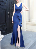 New Elegant V-Neck Sleeveless High Slit Design Soft Maxi Evening Dresses