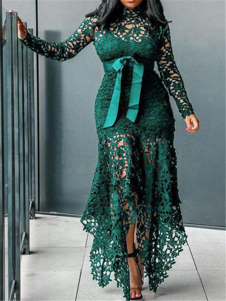 Stunning Waist Tie Lace Design Asymmetric Hem Dress for Prom