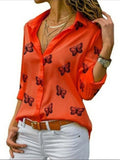 Flowy Button Up Butterfly Printed Lapel Collar Blouse