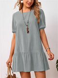 Linen Cotton Round Neck Pullover Solid Elastic Waist Female Dresses