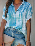 Relaxed Fit Lapel Collar Tie-Dye Button Up Short Sleeve Blouse