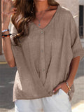 V-Neck Linen Short Sleeve Blouses For Women