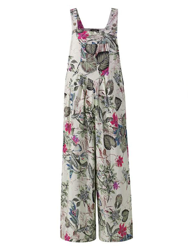 On-Trendy Square Neck All-Over Floral Print Sleeveless Pocket Pleated Overalls