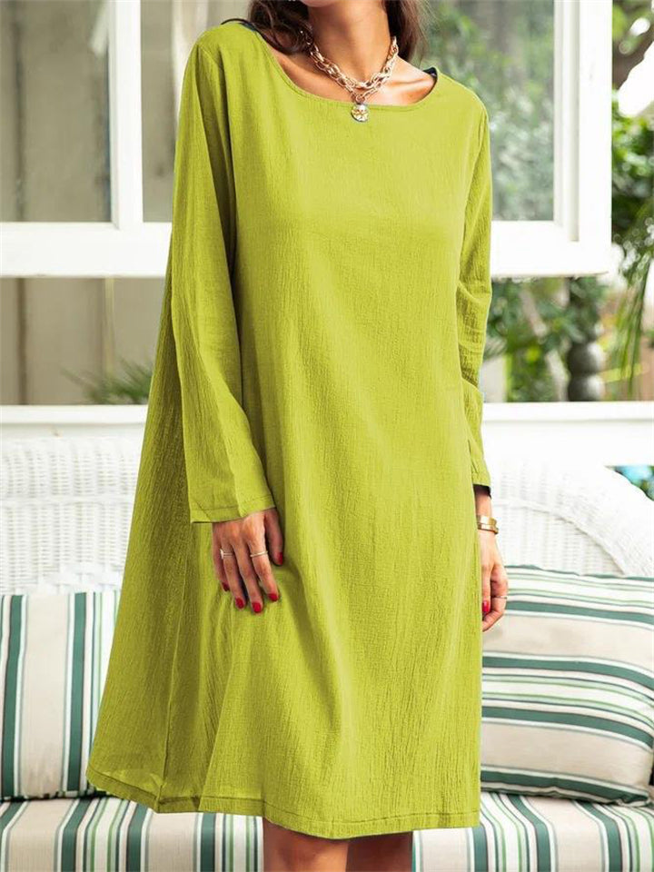 Female Cotton Linen Round Neck Long Sleeve Solid Dresses