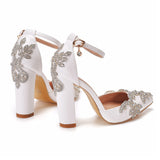 Female Gorgeous Rhinestone White Chunky High Heels Wedding Pumps