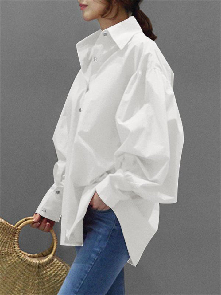 Elegant Solid Lapel Collar Puff Sleeve Female Office Blouses