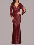 New Sexy V-neck Mermaid Sequins Design Long Sleeve Evening Dresses